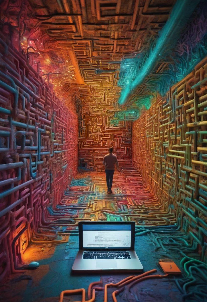 A dynamic, surreal maze made of colorful blog posts and content creation tools like cameras, microphones, and laptops. An artist navigating through with a map, ideas visually popping around like light bulbs. Different paths representing marketing strategies branching out, intertwined with social media icons. Vibrant colors showcasing creativity and inspiration, with a playful sense of adventure. super-realistic. vibrant colors. digital art.