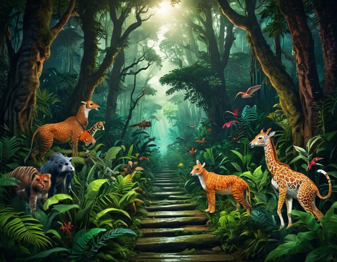 A vibrant jungle scene with digital elements like glowing SEO icons, text snippets, and keyword tags blending into lush greenery and exotic animals symbolizing knowledge and adventure. A pathway lined with headlines leads through the forest, suggesting a journey of discovery in the digital landscape. super-realistic. vibrant colors. dynamic composition.
