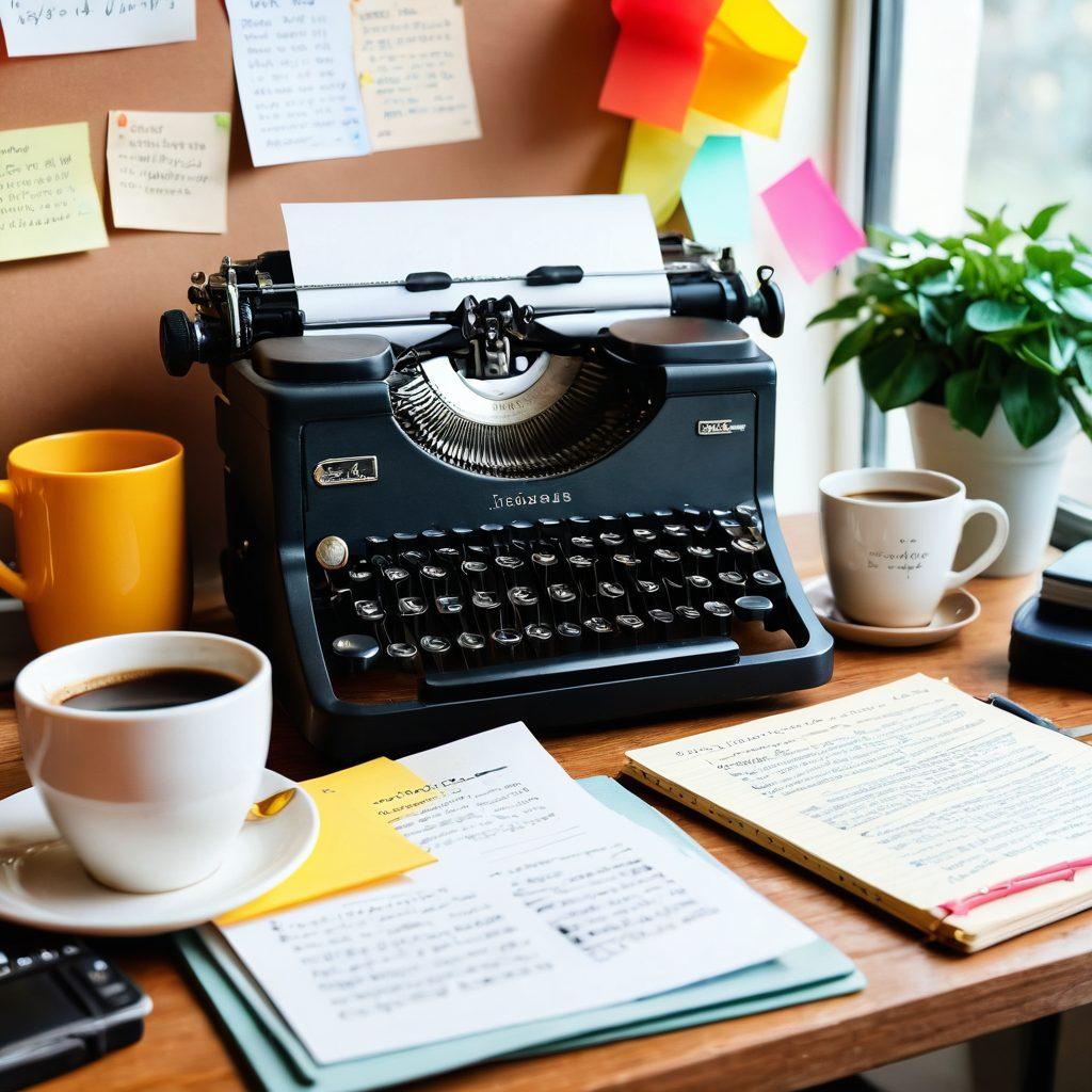 A creative workspace with a vintage typewriter, a steaming cup of coffee, and an open notebook filled with handwritten notes on blog writing tips. The background features a computer screen displaying a blog interface, surrounded by colorful sticky notes and inspirational quotes. A warm, inviting atmosphere that captures the essence of blogging. super-realistic. warm colors. cozy setting.